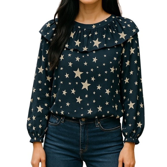 FARM RIO Stardust Blouse Sheer Ruffle Neck - Size S - Picture 1 of 9